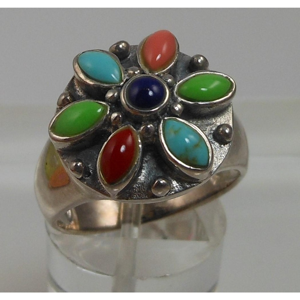 Vintage Designer Sterling Silver Turquoise Coral Garnet Ring - Size 7.75 - Picture 7 of 10